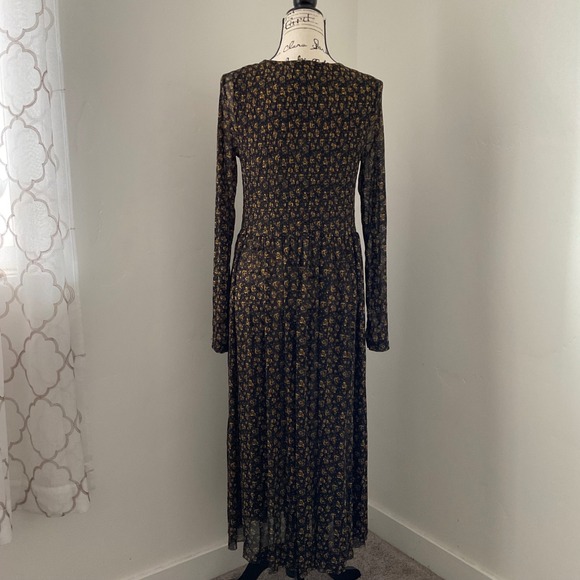 Free People Black Floral Smocked Mesh Maxi Dress Long Sleeve Prairie Boho M - Picture 4 of 5